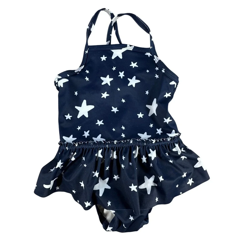Moon and Back by Hanna Andersson Star Ruffle Swimsuit Navy Blue 2T Girls